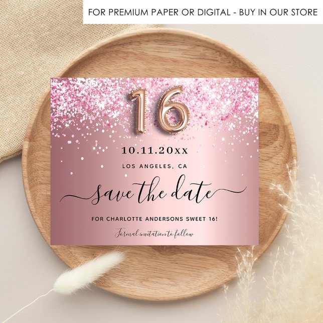 Budget Sweet 16 blush pink glitter save the date (Creator Uploaded)