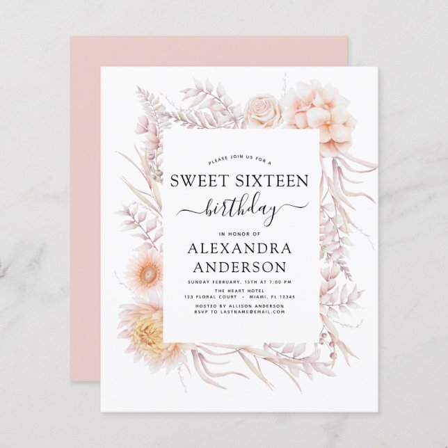 Budget Sweet 16 Boho Dusty Pink Floral Birthday (Front/Back)