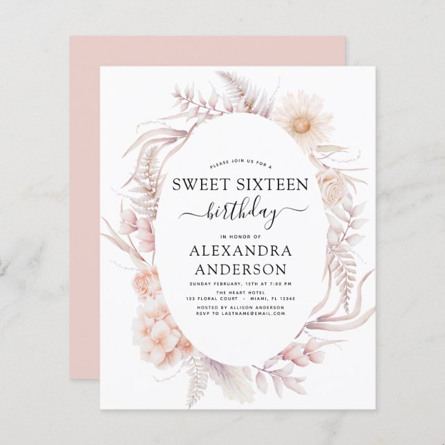 Budget Sweet 16 Boho Dusty Pink Floral Birthday (Front/Back)