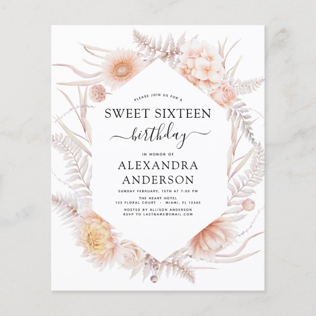 Budget Sweet 16 Boho Dusty Pink Floral Birthday Flyer (Front)