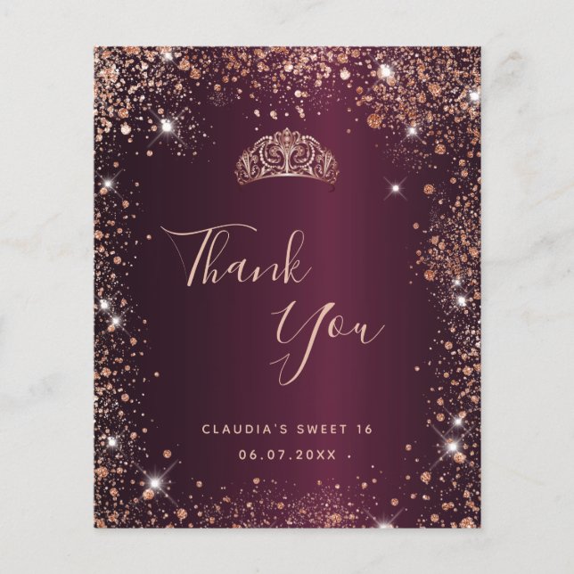 Budget sweet 16 burgundy rose gold thank you card (Front)