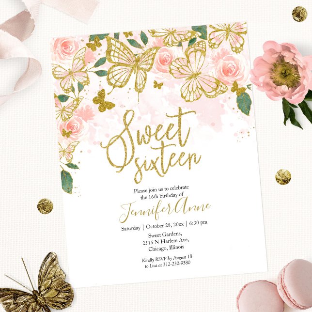 Budget Sweet 16 Butterfly Invitation Blush Floral (Creator Uploaded)