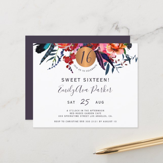 Budget Sweet 16 floral birthday party invitation (Front/Back In Situ)