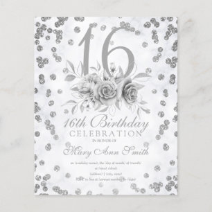 Budget Sweet 16 Glitter Silver Floral Invite Flyer