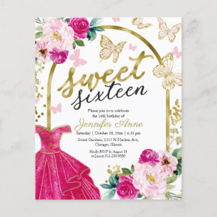 Budget Sweet 16 Invitation Floral Dress Butterfly