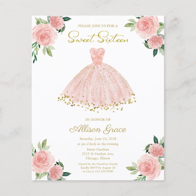 Budget Sweet 16 Invitation Gold Pink Blush Gown (Front)