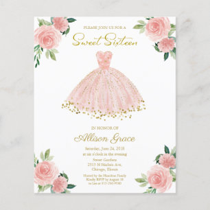 Budget Sweet 16 Invitation Gold Pink Blush Gown