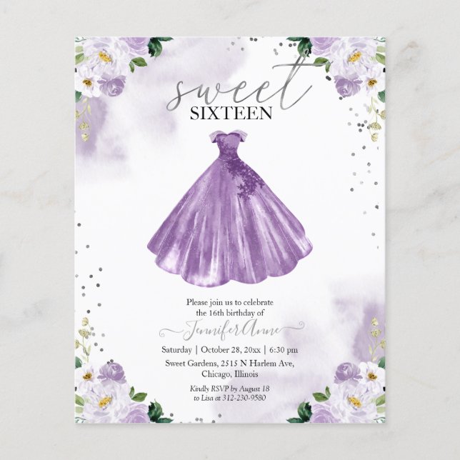 Budget Sweet 16 Invitation Purple Floral Dress (Front)