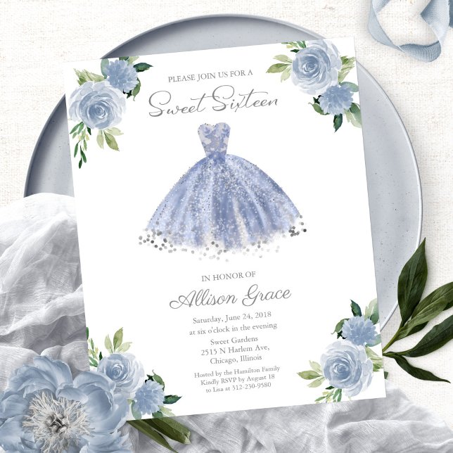 Budget Sweet 16 Invitation Silver Dusty Blue Gown (Creator Uploaded)