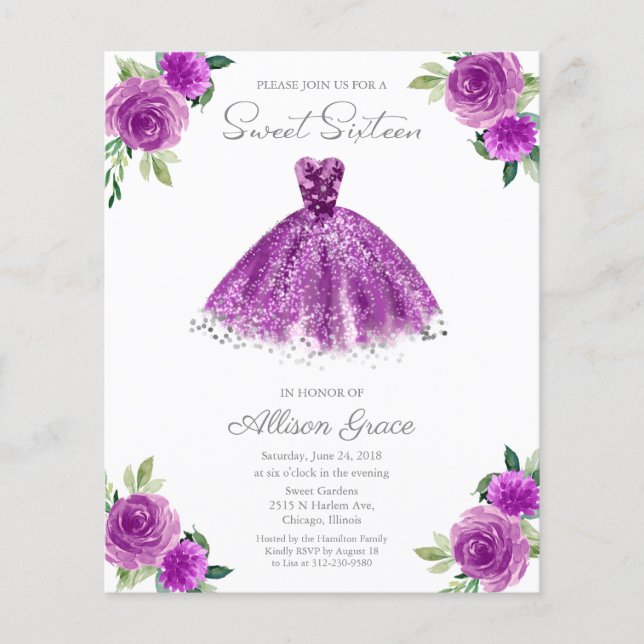 Budget Sweet 16 Invitation Silver Purple Gown (Front)