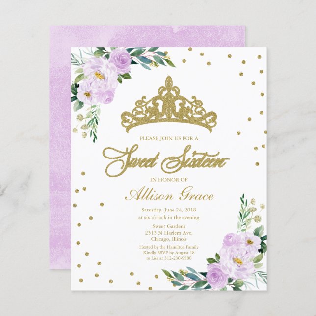 Budget Sweet 16 Invitation Tiara Lavender Floral (Front/Back)