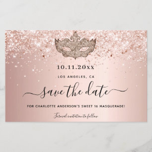 Budget Sweet 16 masquerade rose gold save the date