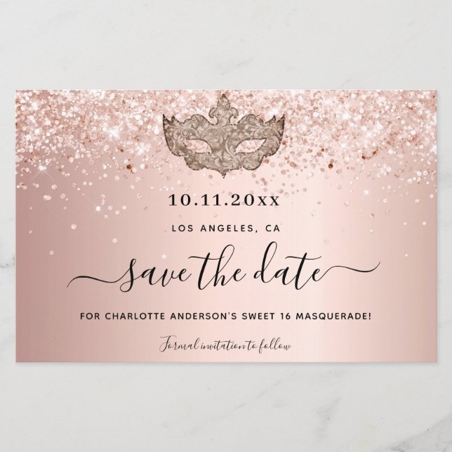 Budget Sweet 16 masquerade rose gold save the date (Front)