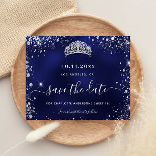 Budget Sweet 16 navy blue silver glitter save date