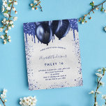Budget Sweet 16 navy blue silver invitation<br><div class="desc">A girly and feminine birthday party invitation. On front: A faux silver background. Decorated with navy blue faux glitter drips,  paint dripping look and balloons. Personalise and add a name and party details. The name is written with a hand lettered style script.</div>