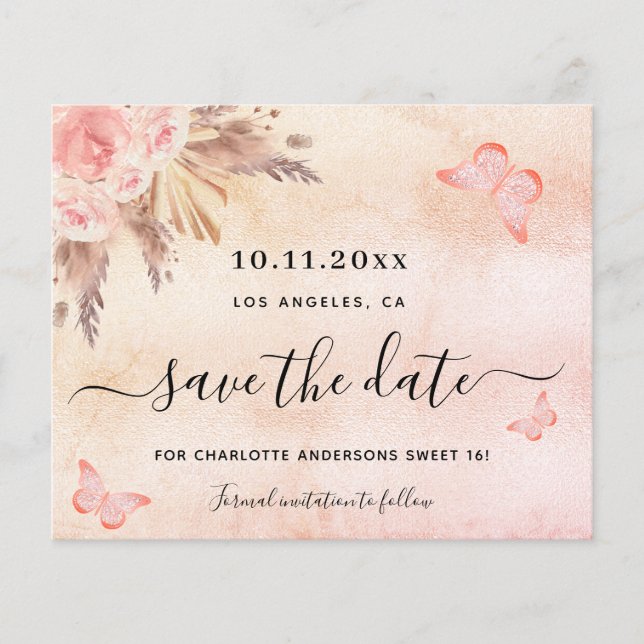 Budget Sweet 16 pampas blush save the date (Front)