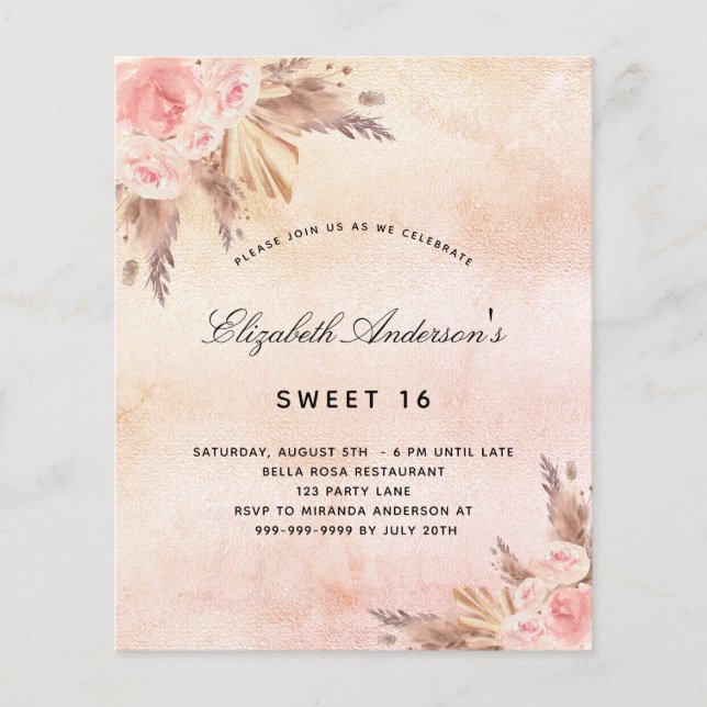 Budget Sweet 16 pampas grass blush invitation (Front)