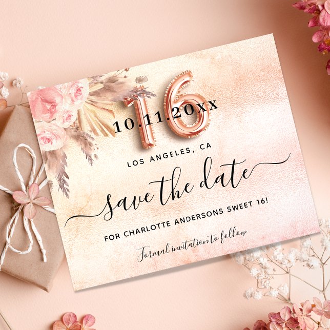 Budget Sweet 16 pampas rose save the date (Creator Uploaded)