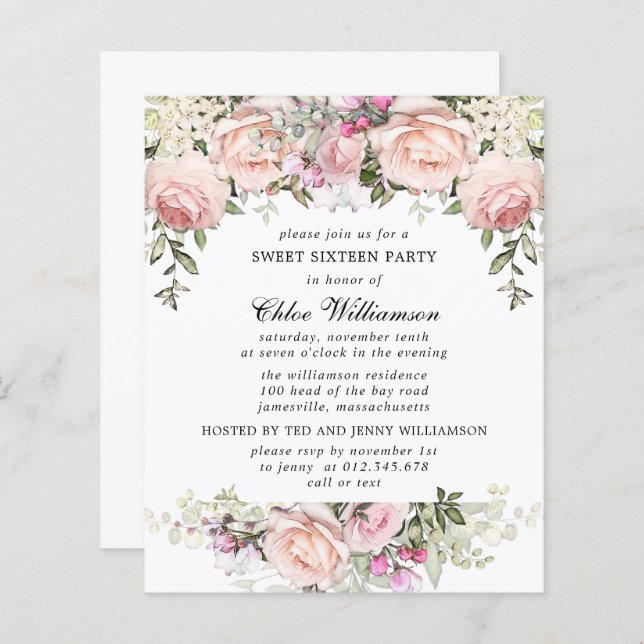 Budget Sweet 16 Party Blush Pink Floral Invitation (Front/Back)