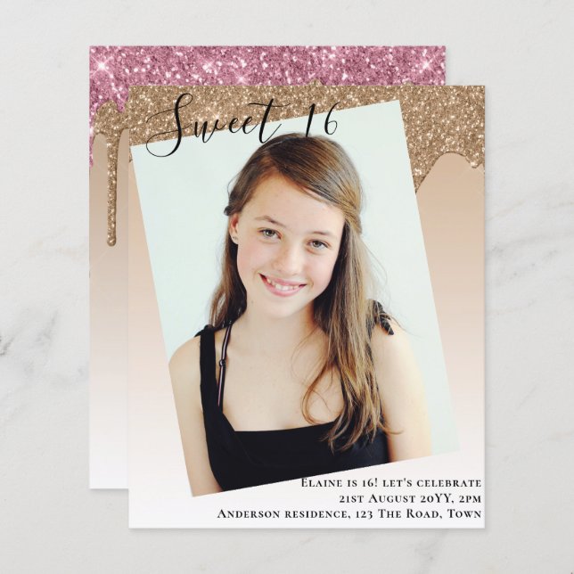 BUDGET Sweet 16 PHOTO Dripping Glitter Invite (Front/Back)