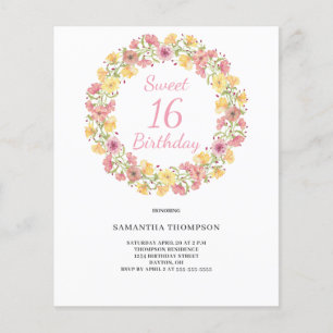 Budget Sweet 16 Pink Floral Birthday Invitation