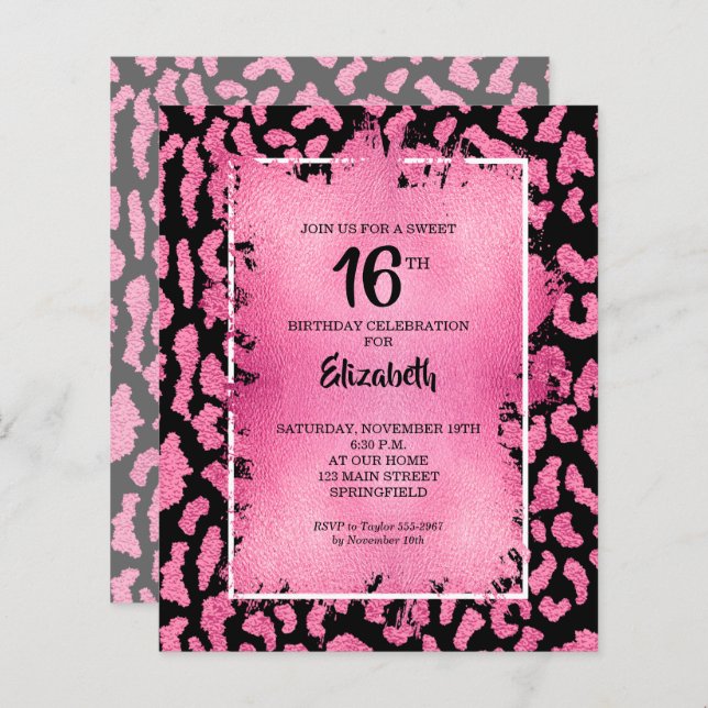 Budget Sweet 16 Pink Leopard Birthday Invites (Front/Back)