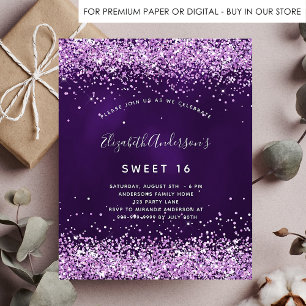 Budget Sweet 16 purple pink glitter invitation