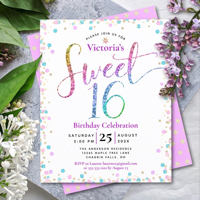  Budget Sweet 16 Rainbow Glitter Confetti Invite (Creator Uploaded)