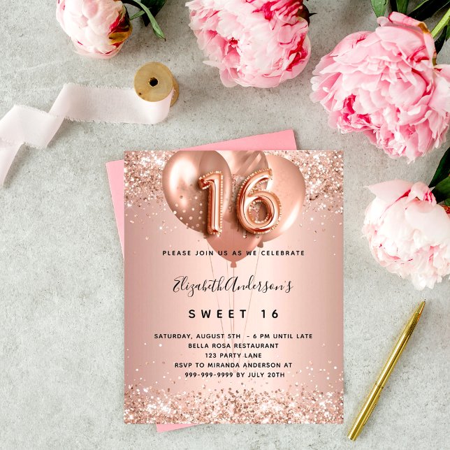 Budget Sweet 16 rose gold balloons invitation (Creator Uploaded)