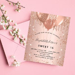 Budget Sweet 16 rose gold glitter invitation<br><div class="desc">For an elegant Sweet 16,  16th birthday.  A rose gold faux metallic looking background. Decorated with rose gold,  pink faux glitter drips,  paint dripping look and balloons.  Personalize and add a name,  age and party details. The name is written with a hand lettered style script</div>