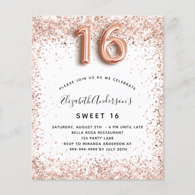 Budget Sweet 16 rose gold white invitation (Front)