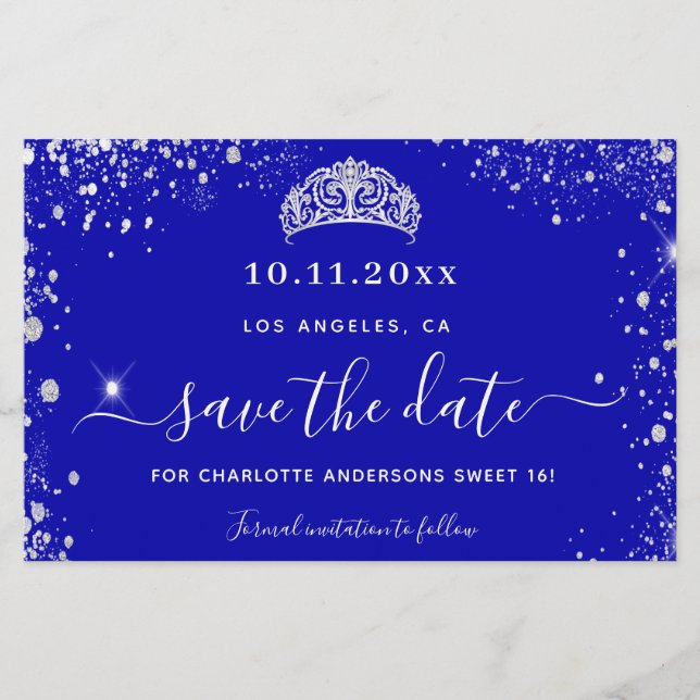 Budget Sweet 16 roya blue silver glitter save date (Front)
