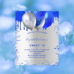 Budget Sweet 16 royal blue silver invitation<br><div class="desc">A faux silver looking background. Decorated with royal blue faux glitter drips paint dripping look,  sparkles and balloons. Personalise and add a name and party details. The name is written with a hand lettered style script.</div>