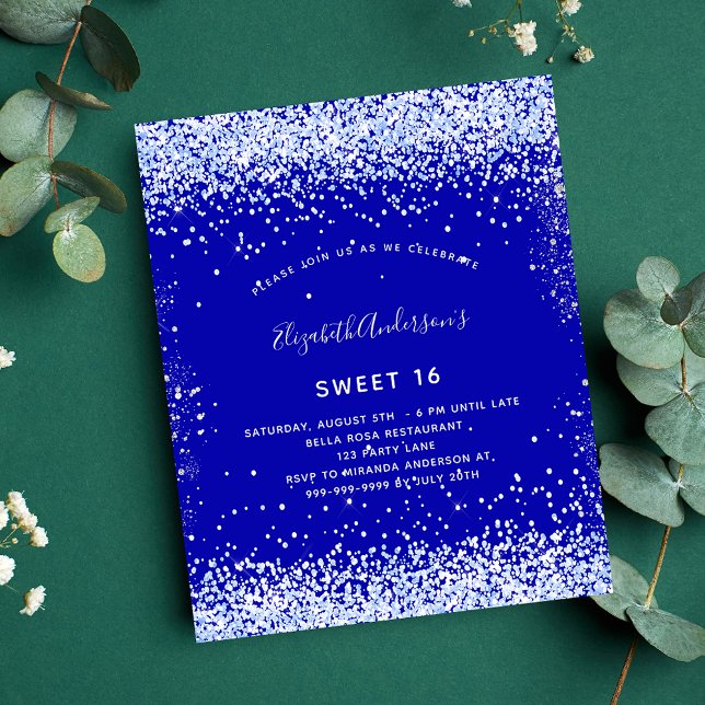 Budget Sweet 16 royal blue white invitation (Creator Uploaded)