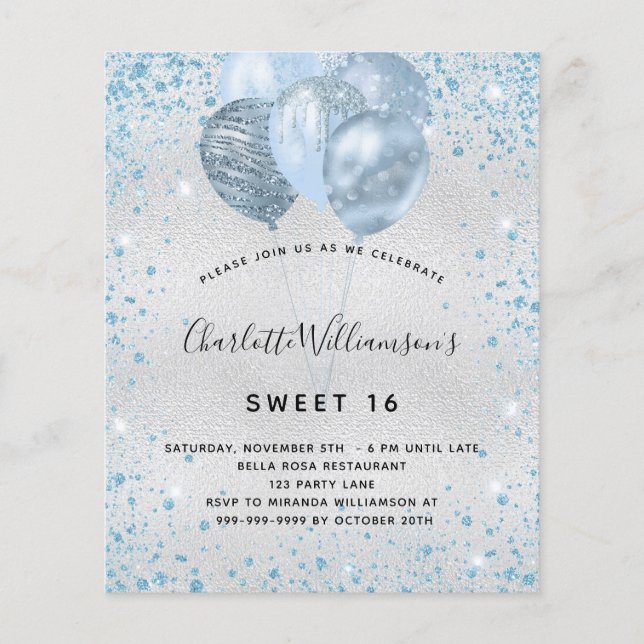 Budget Sweet 16 silver blue glitter invitation (Front)