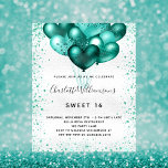 Budget Sweet 16 silver teal glitter invitation<br><div class="desc">For an elegant Sweet 16,  16th birthday.  A faux silver metallic looking background.  Decorated with teal faux glitter dust and balloons. Personalise and add a name,  age and party details. The name is written with a hand lettered style script</div>