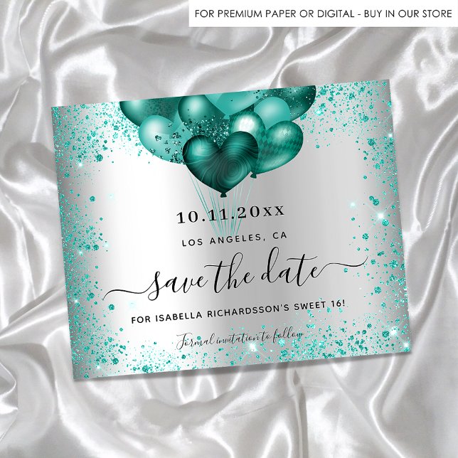 Budget Sweet 16 silver teal glitter save the date (Creator Uploaded)