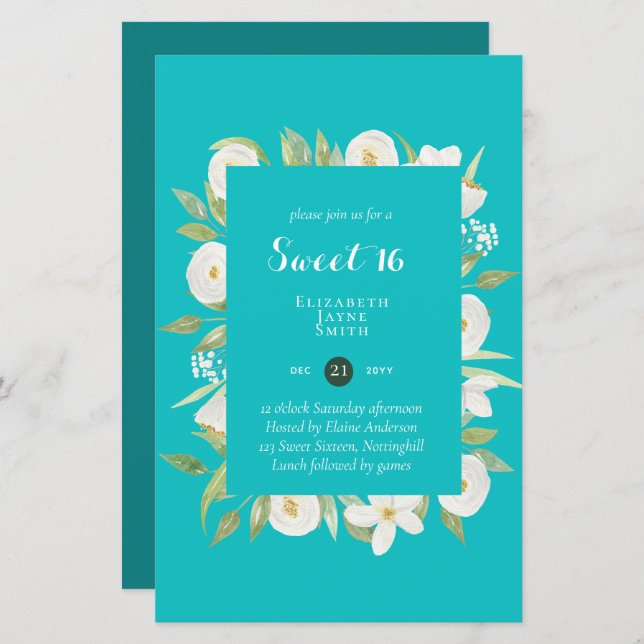 BUDGET Sweet 16, Sixteenth Birthday Floral Invite (Front/Back)