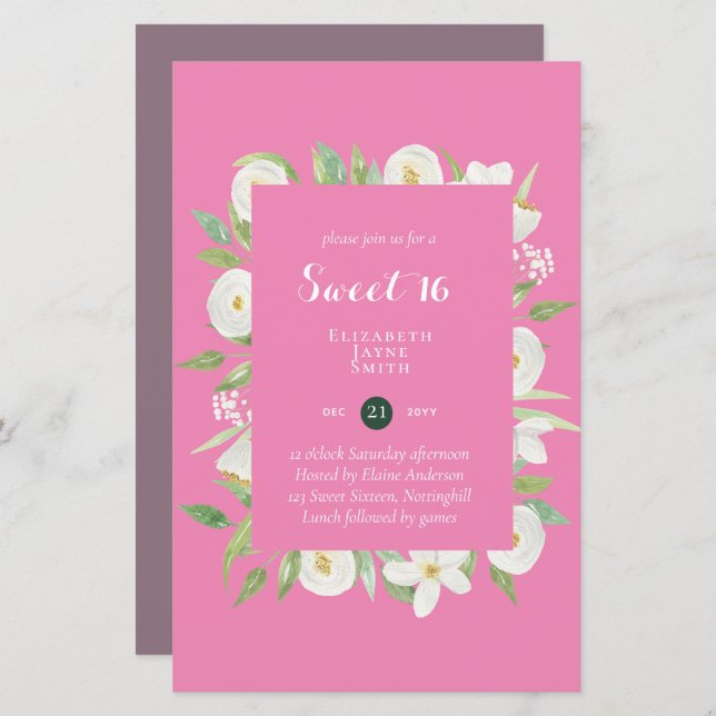 BUDGET Sweet 16, Sixteenth Birthday Floral Invite (Front/Back)