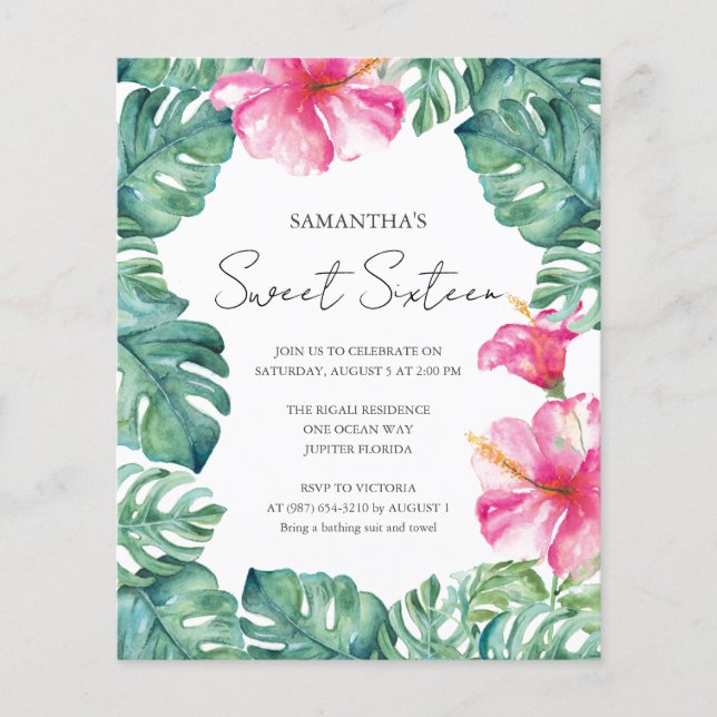 Budget Sweet 16 Watercolor Pink Floral Tropical Flyer (Front)