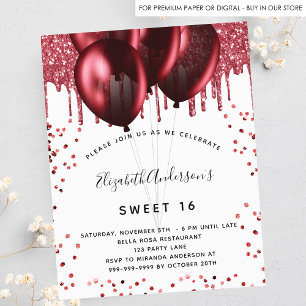Budget Sweet 16 white red glitter invitation