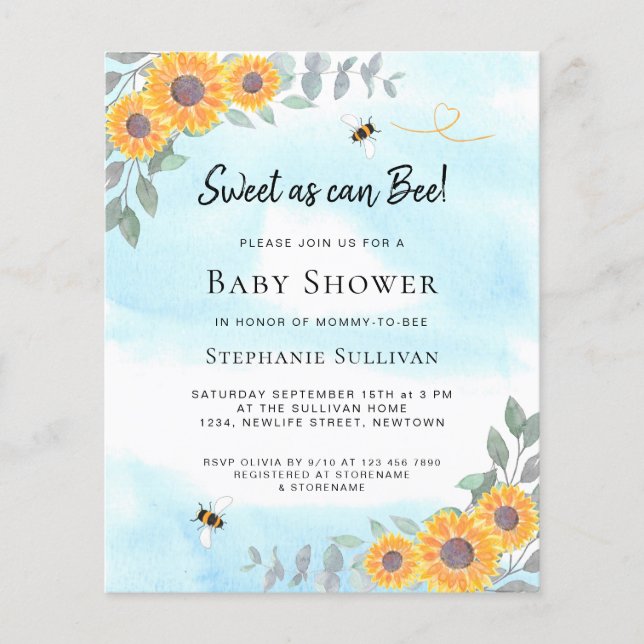 Budget Sweet As Can Bee Baby Shower Invitation (Front)