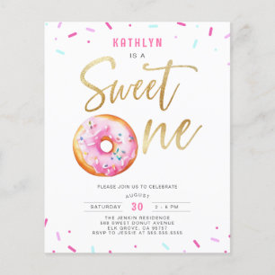 Budget Sweet One Pink Gold Doughnut Birthday Invit