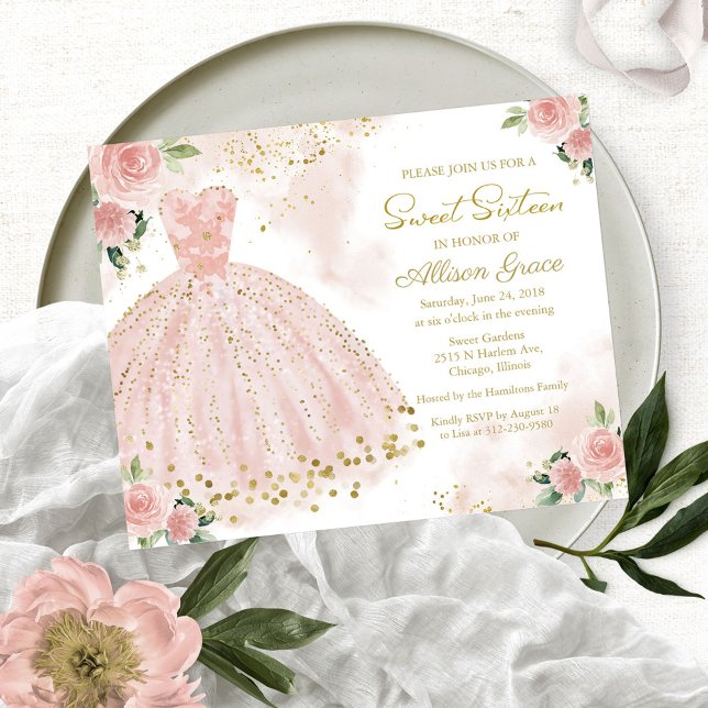 Budget Sweet Sixteen Invitation Gold Blush Gown (Creator Uploaded)