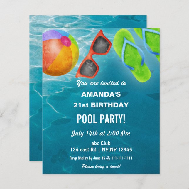 Budget Swimming Pool Party Birthday Invitation (Front/Back)