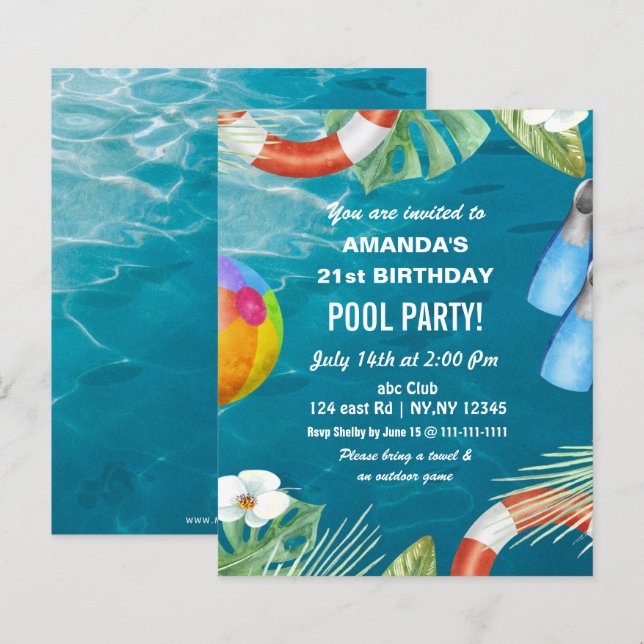 Budget Swimming Pool Party Birthday Invitation (Front/Back)