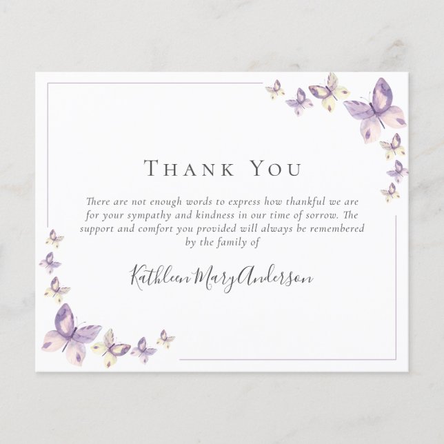 BUDGET Sympathy Butterfly Funeral Thank You Note  (Front)