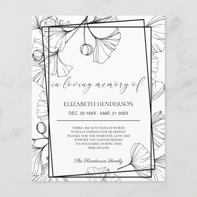 BUDGET Sympathy Thank You Card. Paper Sheet (Front)