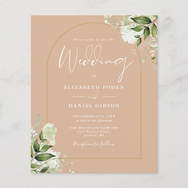 Budget Tan Floral Gold Arch Wedding Invite (Front)