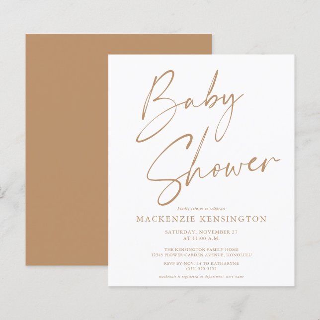 Budget Tan Handwritten Script Baby Shower Invite (Front/Back)